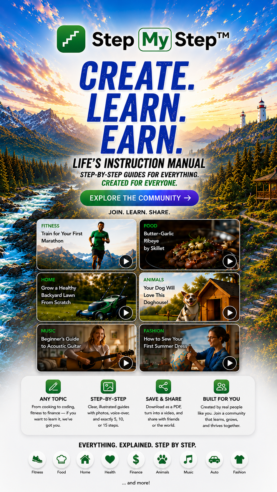 StepMyStep — Create. Learn. Earn. Life's instruction manual: step-by-step guides for everything, created for everyone. Tap to explore the community.